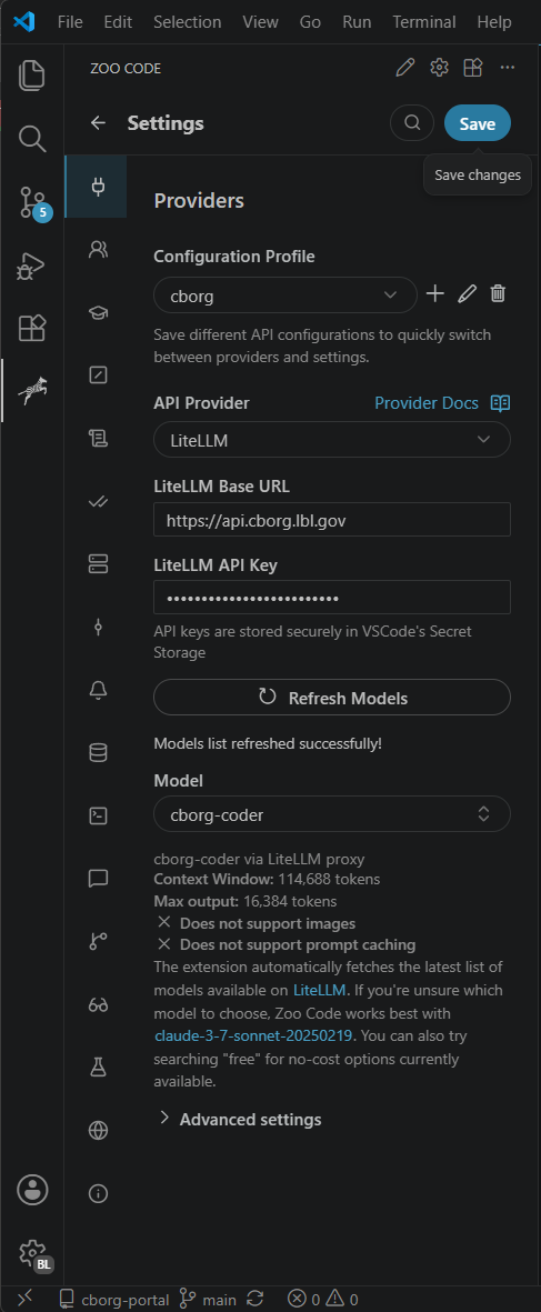 Completed CBorg provider configuration in Zoo Code
